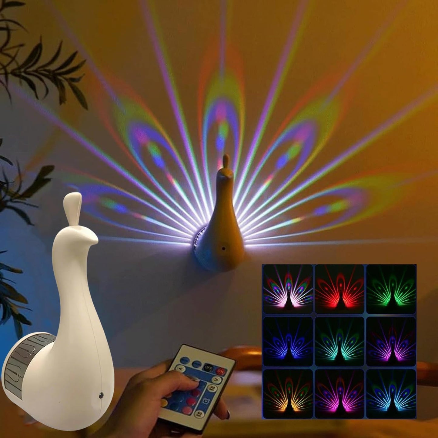 Peacock LED Wall Lamp – Colorful Projection Night Light with Remote & Touch Control