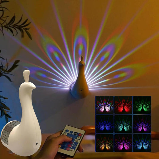 Peacock LED Wall Lamp – Colorful Projection Night Light with Remote & Touch Control